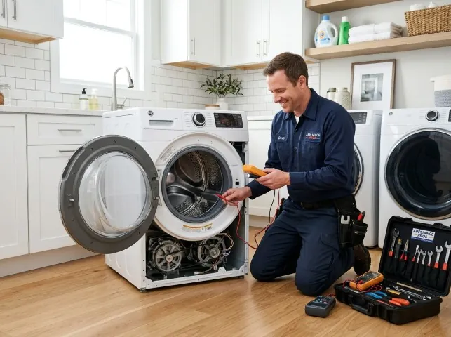 Appliance Repair Hero technician testing a front-load washer with a multimeter on a Bronxville, NY service call